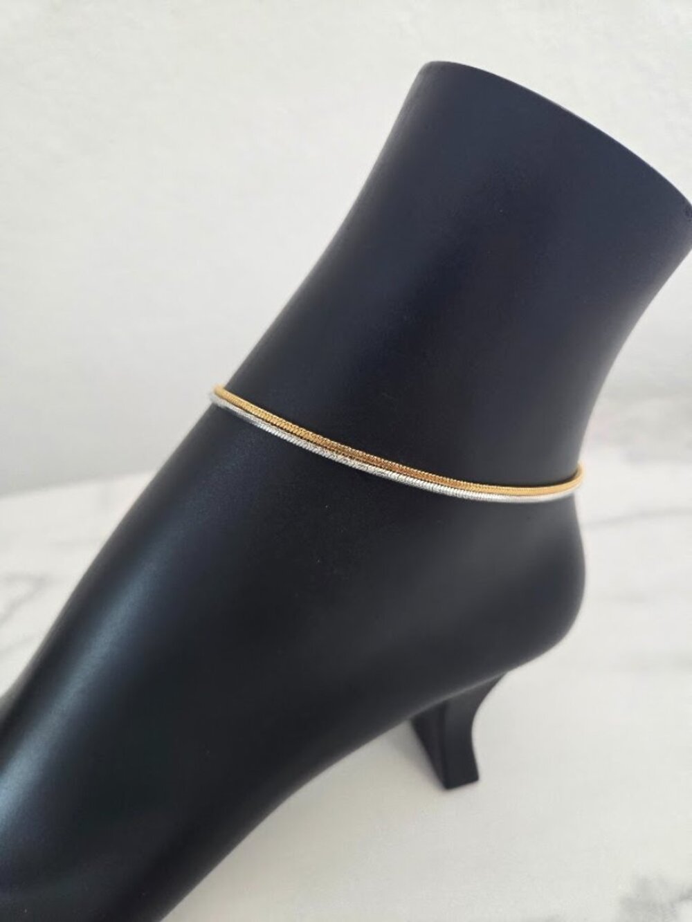 Two Tone Gold & Silver Double Snake Chain Anklet Minimalist Layered Jewelry - Picture 4 of 13